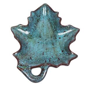 Studio Art Pottery Leaf Trinket Dish Glazed Ceramic 10" Green Brown Signed Dukes